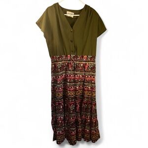 Caroline Wells | Vintage Olive Green and MultiColored Dress | Size M/L